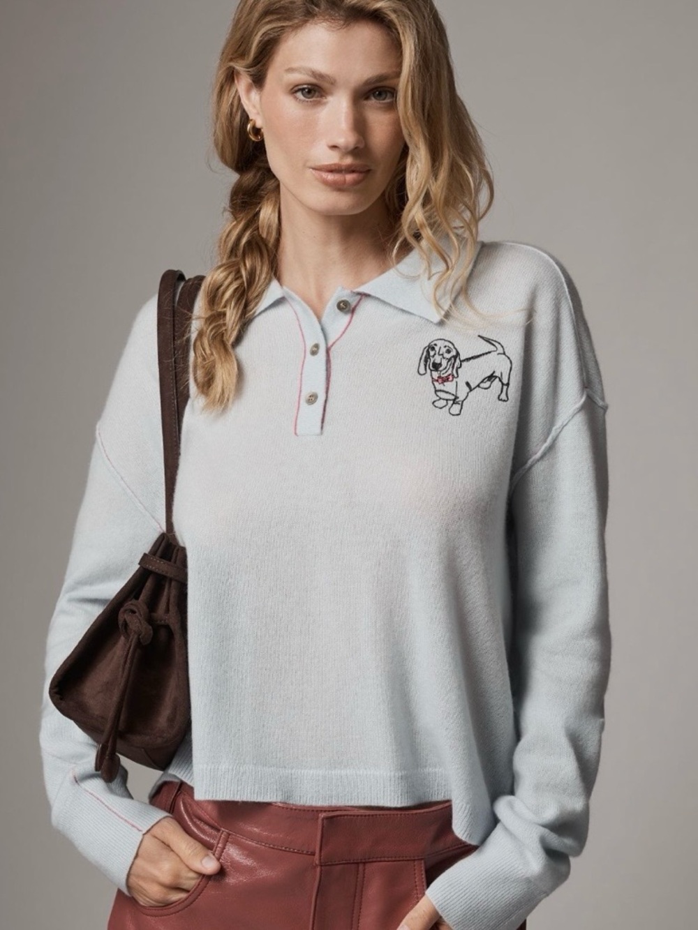 Anthropologie Pilcro Jensen Cropped Cashmere Jumper Light Blue with Dog Detail